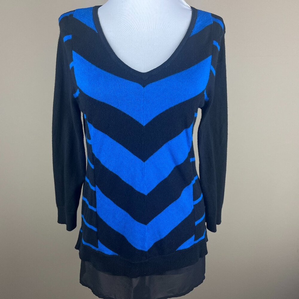 Dana Buchman 3/4 Sleeve Sweater Size S Blue Black, Stripes, V-neck, Tight Knit